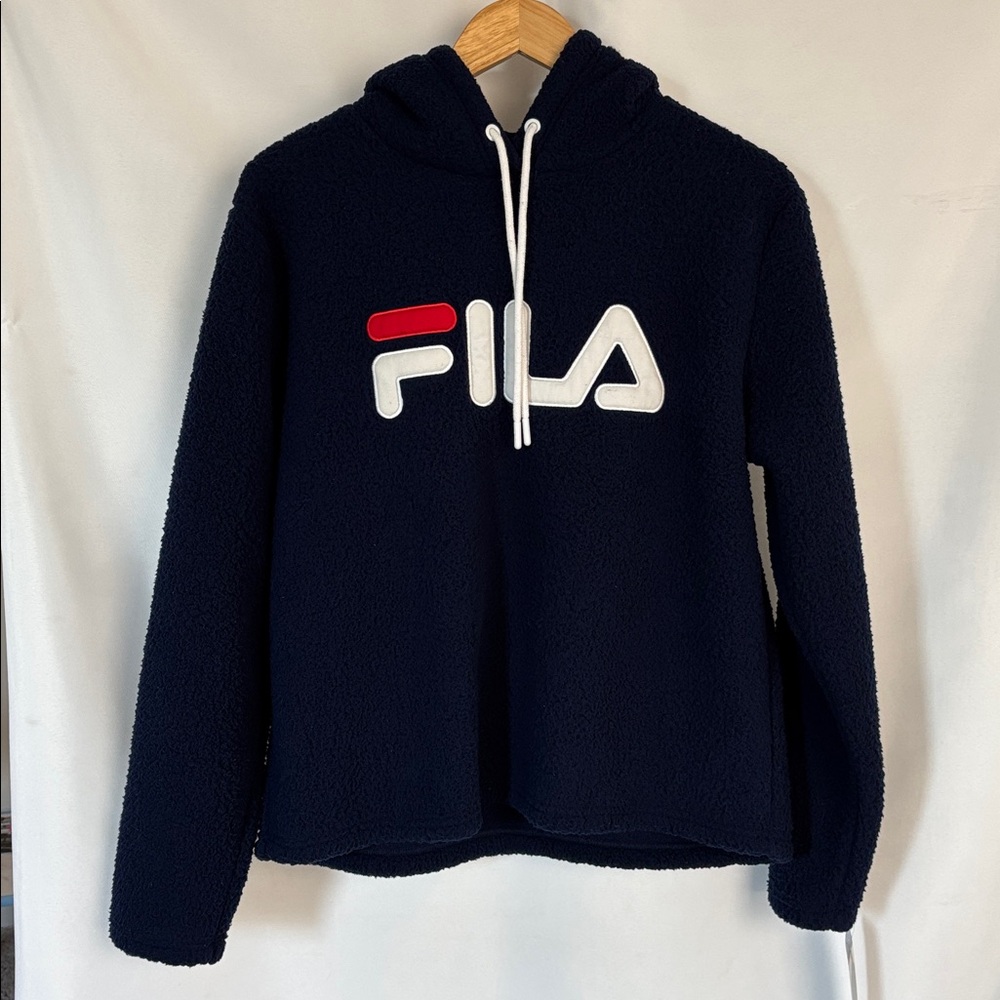 NEW w/tag Fila Navy Blue Sherpa Fleece Hoodie Big Logo - Size Large (L)